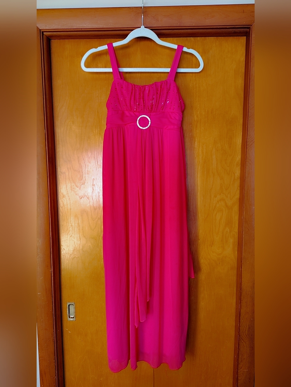 Ruby Rox Hot Pink Chiffon Prom Evening Gown With Rhinestone Accent - Picture 4 of 7